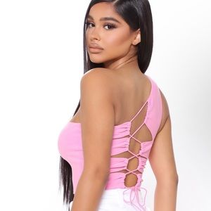 NWT pink one-shoulder lace-up back crop top